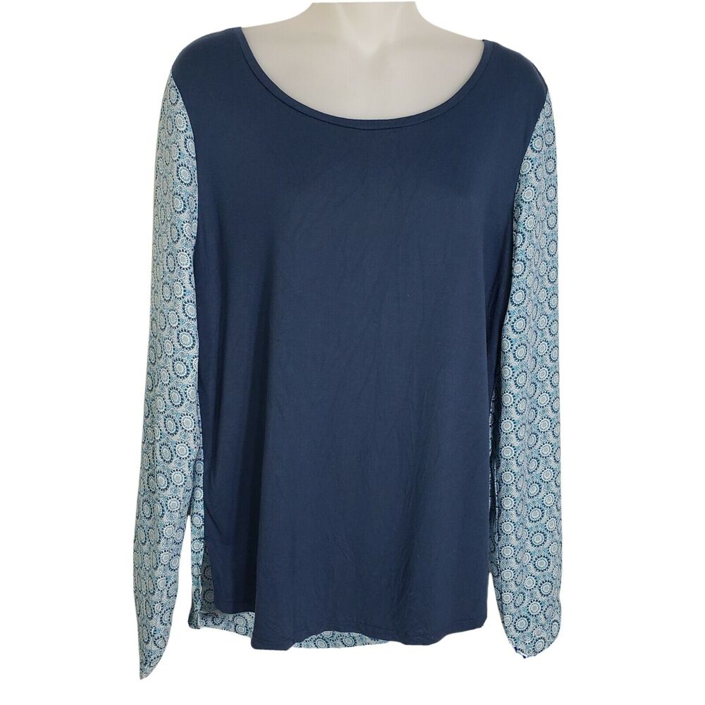 Ann Taylor Women Blouse Medium Blue Gray Geometric Print Long Sleeve Blouse Knit